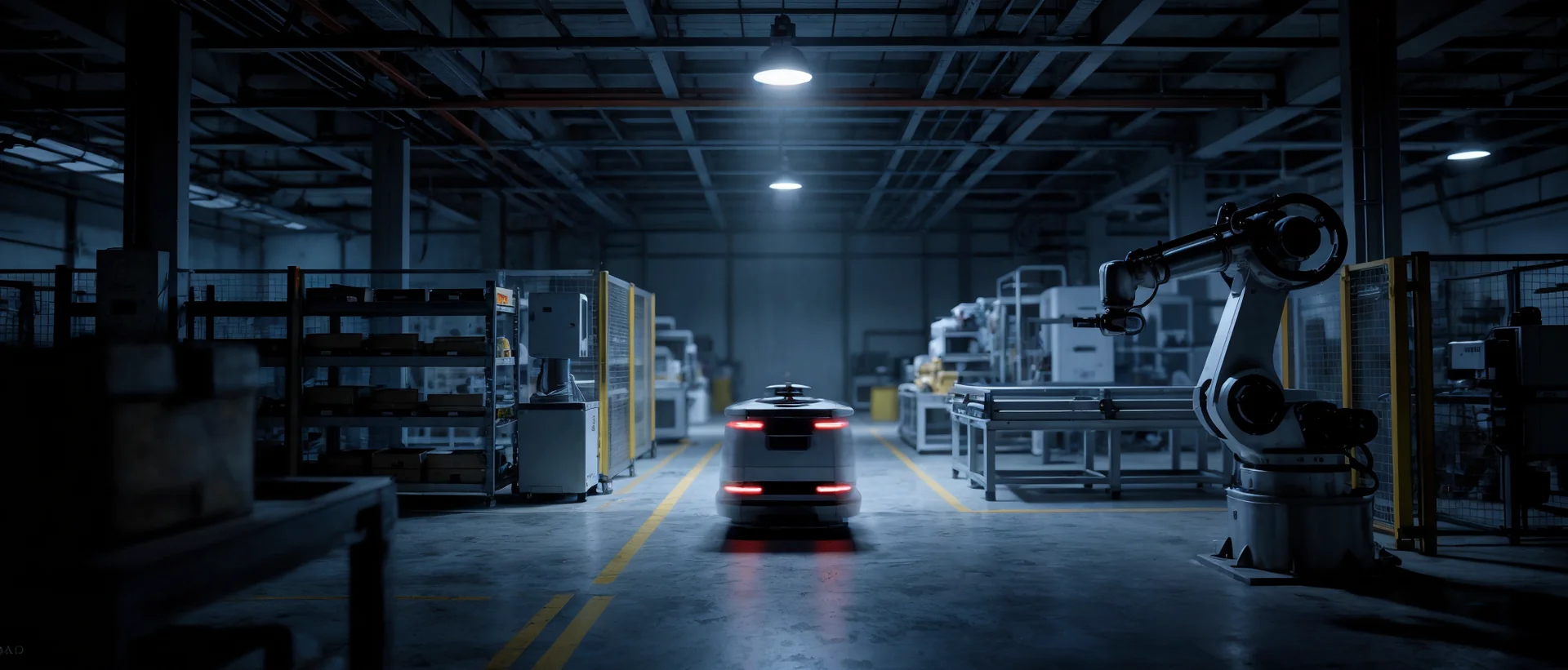 Akıllı fabrika içi — AGV ve robot sistemleri, endüstriyel aydınlatma
