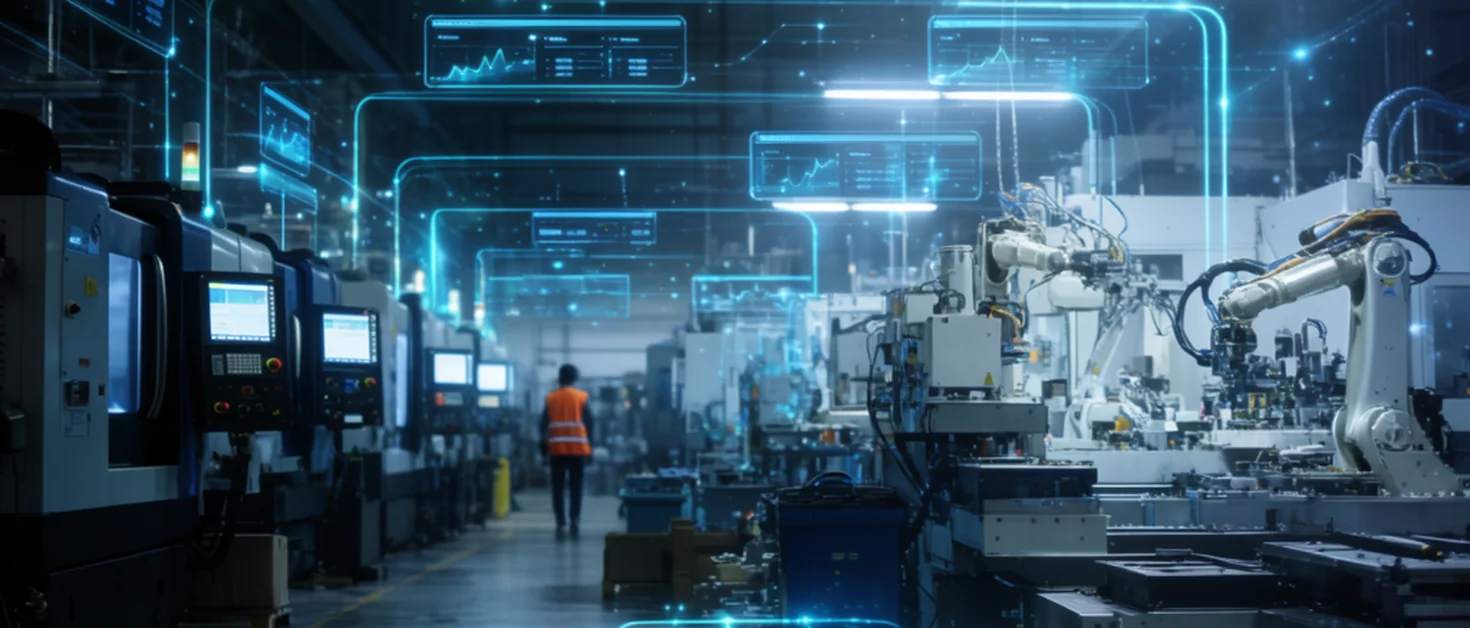 Digital Factory Architecture referans mimari — sunucu odası derinliği, parlayan ağ bağlantı hatları, katmanlı veri akışı görselleştirmesi, endüstriyel atmosfer