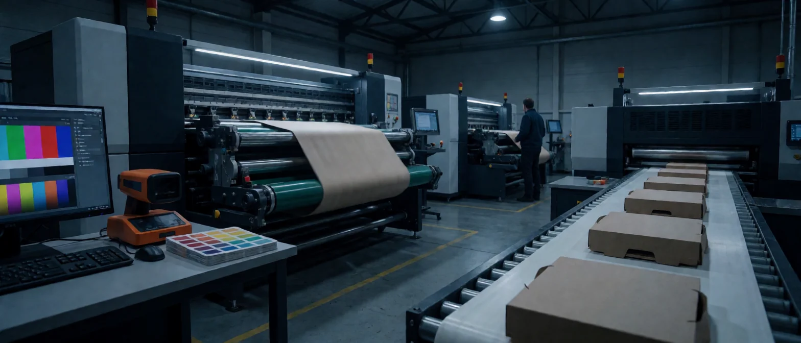 Hybrid Software ambalaj prepress otomasyonu — geniş format dijital baskı makinesi, renk kalibrasyon istasyonu ve konveyör üzerinde paketleme akışı, endüstriyel atmosfer