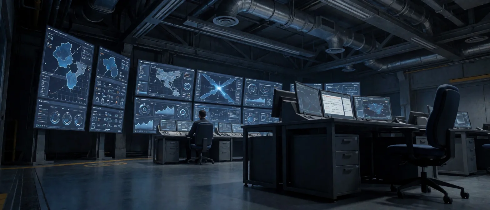 Smart Asakai operasyon merkezi — çoklu monitör duvarı dashboard arayüzleri, operatör siluetleri ve parlayan ekranlar, endüstriyel atmosfer