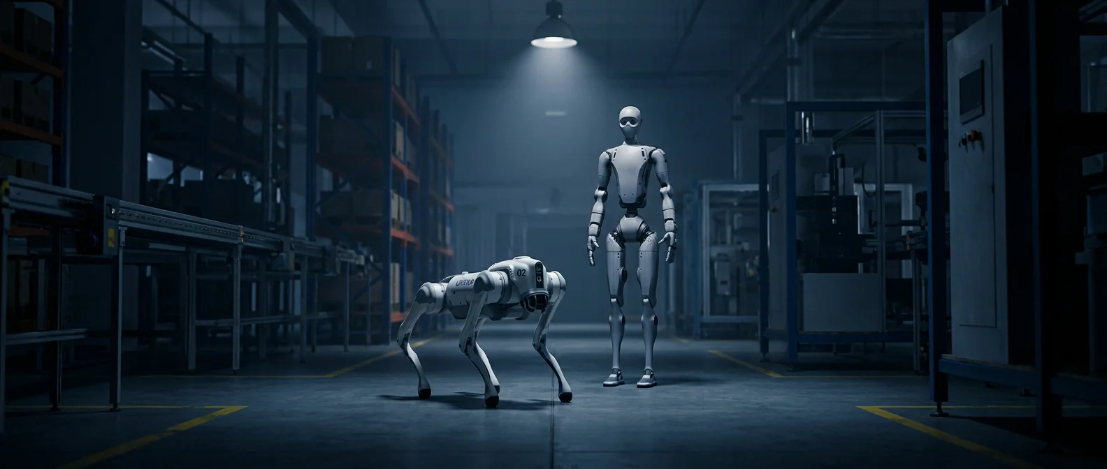 Unitree Robotik sahaya konuşlandırma — Go2 dört ayaklı ve H1 humanoid robotlar endüstriyel ortamda birlikte, endüstriyel atmosfer